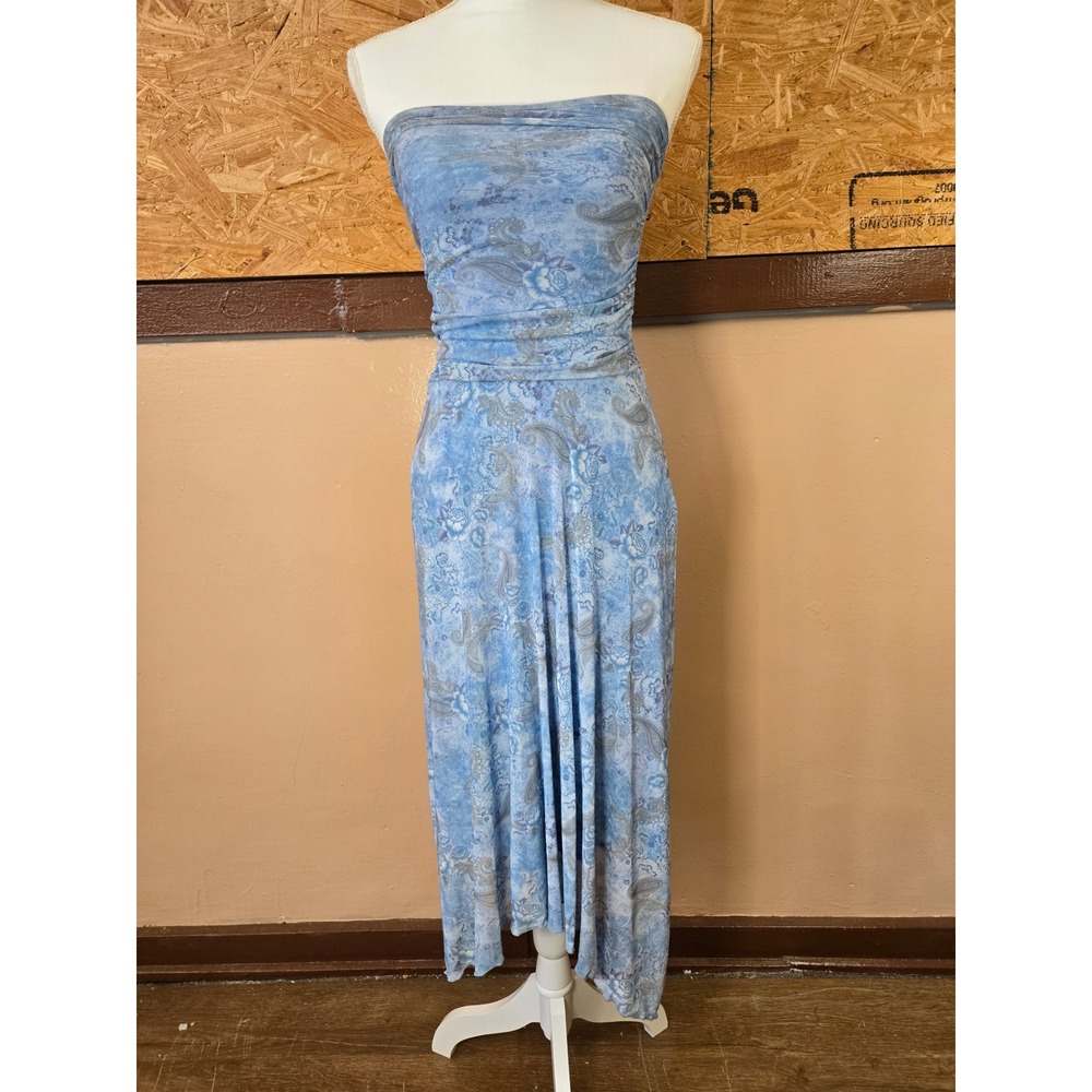 See You Monday Blue Paisley Floral Strapless Handkerchief Hem Midi Dress XS